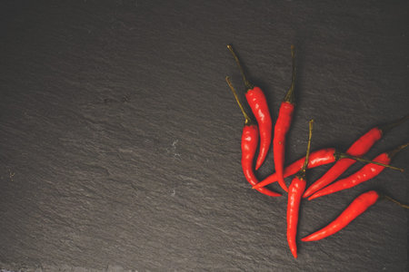 Chillies on slate, stone grunge texture. Vintage tone. Food Copy Spaceの写真素材