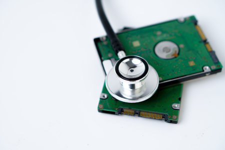 An hard disk with a sthetoscope isolated on white background. Recovery and Data Safetyの写真素材