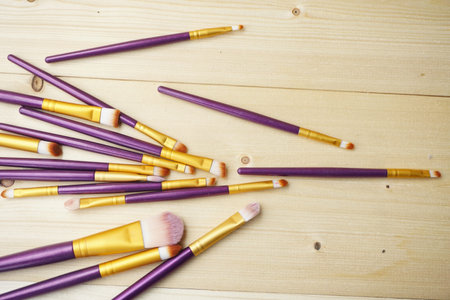 Close up Make Up Brush. Fashion cosmetic makeup autumn Set. Trendy Brushes, art fashionable layout. Creative Design Flat lay, make up fall autumnal conceptの写真素材