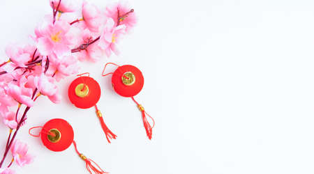 Happy Chinese new year 2021 or Lunar New Year Flat lay decoration festival Red Pendant Ornaments Knot. Copy Space Conceptの写真素材