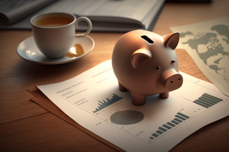 Piggy Bank on a table with financial paper graph stock market. Financial Concept. Generative Aiの素材