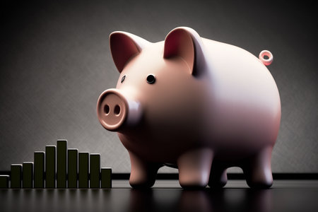 Piggy Bank on a table with financial paper graph stock market. Financial Concept. Generative Aiの素材
