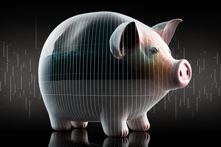 Piggy Bank on a table with financial paper graph stock market. Financial Concept. Generative Aiの素材