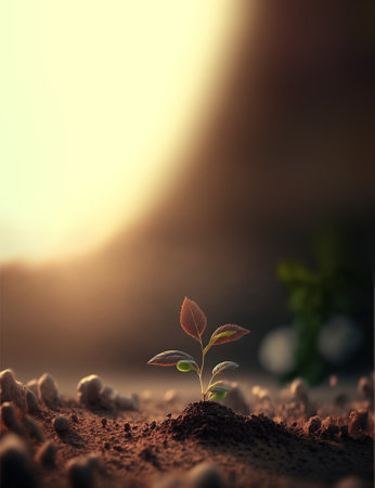 The seedlings are grown in over morning light. Concept of new begining and opportunity. Generative AIの素材