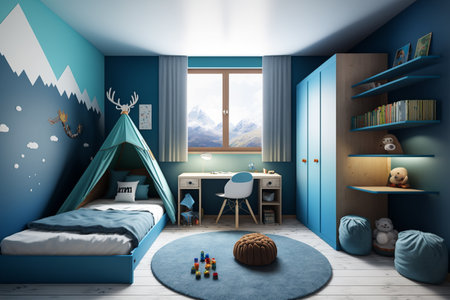 Colorful cute kid's bedroom interior decoration. Scandavanian modern concept. AI Generativeの素材
