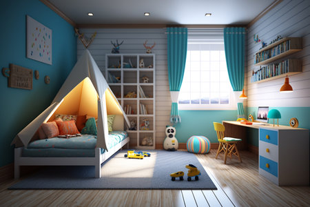 Colorful cute kid's bedroom interior decoration. Scandavanian modern concept. AI Generativeの素材