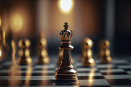 Golden Queen KIng chess standing in front of other chess, Concept of a leader must have courage and challenge in the competition, leadership and business visionの素材