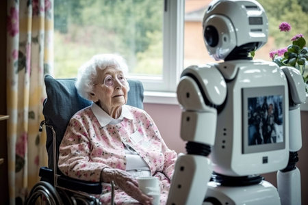 Robot assist elderly people in retirenment home. Healh Care with senior citizenの素材