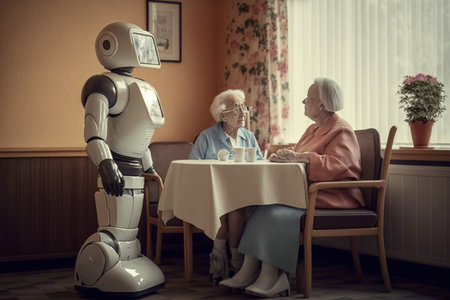 Robot assist elderly people in retirenment home. Healh Care with senior citizenの素材