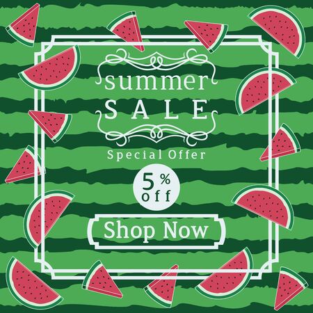 Unique and Trendy Summer Sale Banner or Poster With Fresh Watermelon Slices Decoration. Unique and Trendy Banner or Poster Background For Your Unique Design.のイラスト素材