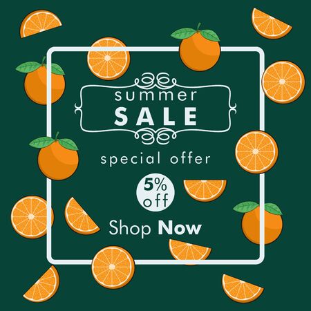 Unique and Trendy Summer Sale Banner or Poster With Fresh Orange Slices Decoration. Unique and Trendy Banner or Poster Background For Your Unique Design.のイラスト素材