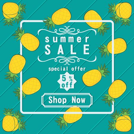 Unique and Trendy Summer Sale Banner or Poster With Fresh Yellow Pineapple Decoration. Unique and Trendy Banner or Poster Background For Your Unique Design.のイラスト素材