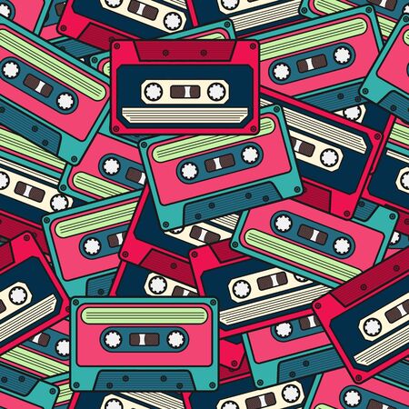 Colorful Irregular Seamless Cassette Pattern. Unique and Trendy irregular seamless pattern background for your unique design.のイラスト素材