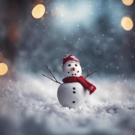 Merry Christmas Background With a Cute Snowman Outdoors in Winterの素材