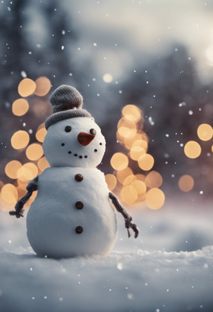 Merry Christmas Poster With a Cute Snowman Outdoors in Winterの素材