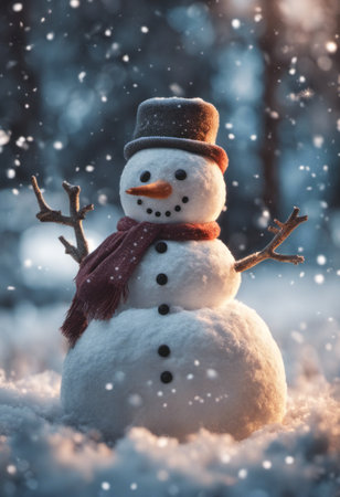 Merry Christmas Poster With a Cute Snowman Outdoors in Winterの素材