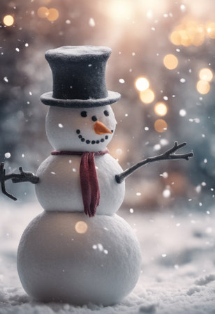 Merry Christmas Poster With a Cute Snowman Outdoors in Winterの素材