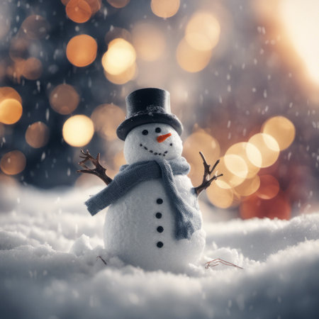 Merry Christmas Background With a Cute Snowman Outdoors in Winterの素材