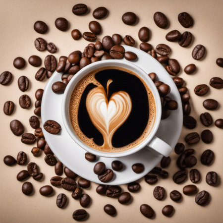 Coffee in a White Cup With Coffee Beans Background for International Coffee Dayの素材