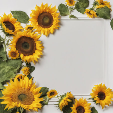 Photo Frame With Sunflowers on Borders on White Backgroundの素材