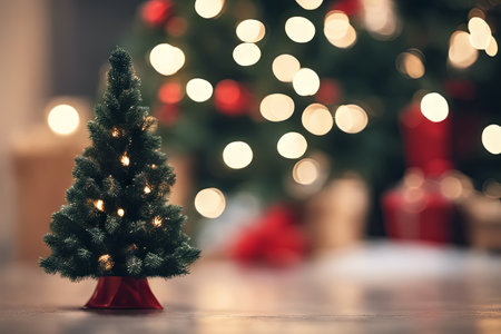 Photo of Mini Christmas Tree With Ornaments on It in Living Room for Christmas Background Banner or Posterの素材