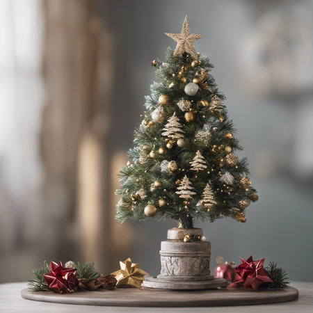 Photo of Mini Christmas Tree With Ornaments on It and Presents Underneath for Christmas Background Banner or Posterの素材
