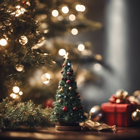 Photo of Mini Christmas Tree With Ornaments on It and Presents Underneath for Christmas Background Banner or Posterの素材