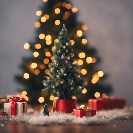 Photo of Mini Christmas Tree With Ornaments on It and Presents Underneath for Christmas Background Banner or Posterの素材