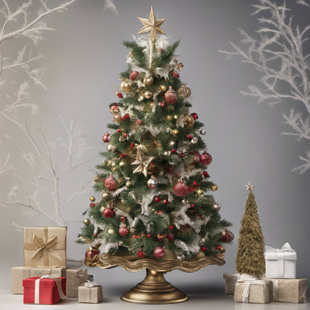 Photo of Mini Christmas Tree With Ornaments on It and Presents Underneath for Christmas Background Banner or Posterの素材