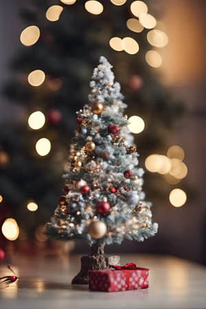 Photo of Mini Christmas Tree With Ornaments on It in Living Room for Christmas Background Banner or Posterの素材