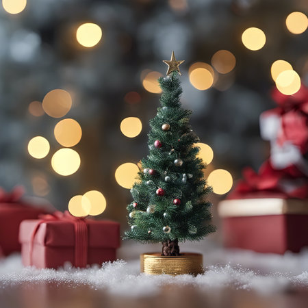 Photo of Mini Christmas Tree With Ornaments on It and Presents Underneath for Christmas Background Banner or Posterの素材