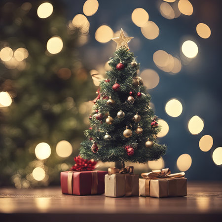 Photo of Mini Christmas Tree With Ornaments on It and Presents Underneath for Christmas Background Banner or Posterの素材