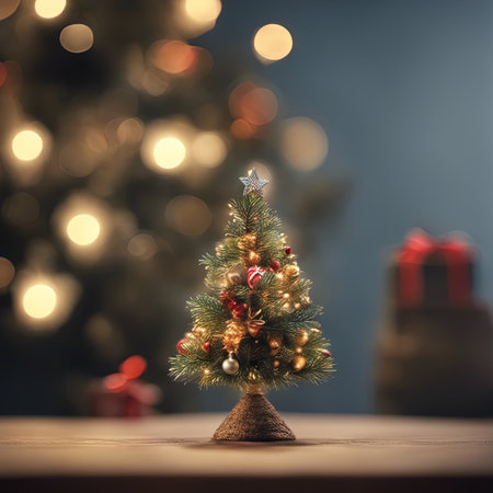 Photo of Mini Christmas Tree With Ornaments on It and Presents Underneath for Christmas Background Banner or Posterの素材