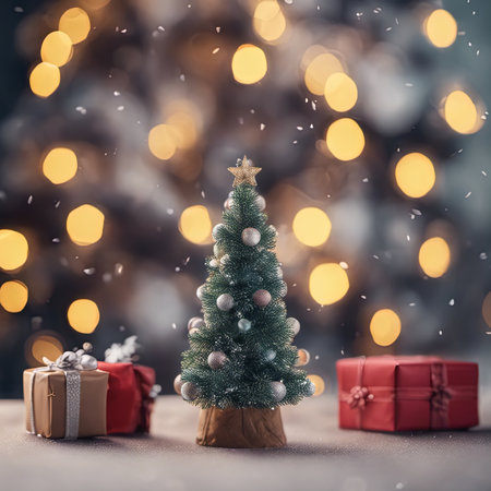 Photo of Mini Christmas Tree With Ornaments on It and Presents Underneath for Christmas Background Banner or Posterの素材