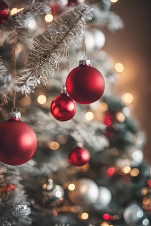Photo of Christmas Tree With Ornaments on It and Presents Underneath in Living Room for Christmas Backgroundの素材