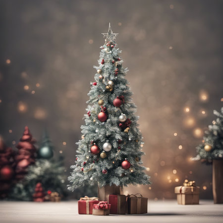 Photo of Mini Christmas Tree With Ornaments on It and Presents Underneath for Christmas Background Banner or Posterの素材