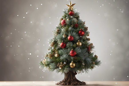 Photo of Mini Christmas Tree With Ornaments on It and Presents Underneath for Christmas Background Banner or Posterの素材