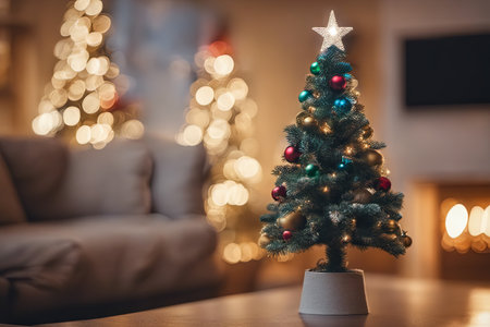 Photo of Mini Christmas Tree With Ornaments on It in Living Room for Christmas Background Banner or Posterの素材