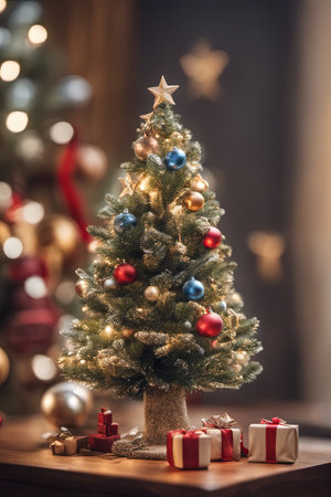 Photo of Mini Christmas Tree With Ornaments on It in Living Room for Christmas Background Banner or Posterの素材