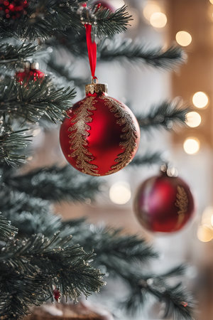 Photo of Christmas Tree With Ornaments on It and Presents Underneath in Living Room for Christmas Backgroundの素材