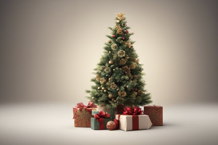 Photo of Mini Christmas Tree With Ornaments on It and Presents Underneath for Christmas Background Banner or Posterの素材