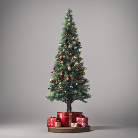 Photo of Mini Christmas Tree With Ornaments on It and Presents Underneath for Christmas Background Banner or Posterの素材