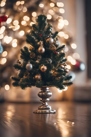 Photo of Mini Christmas Tree With Ornaments on It in Living Room for Christmas Background Banner or Posterの素材
