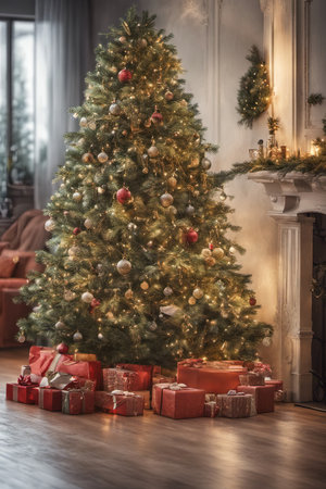 Photo of Christmas Tree With Ornaments on It and Presents Underneath in Living Room for Christmas Backgroundの素材
