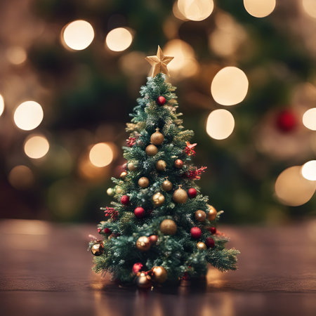 Photo of Mini Christmas Tree With Ornaments on It and Presents Underneath for Christmas Background Banner or Posterの素材