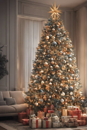 Photo of Christmas Tree With Ornaments on It and Presents Underneath in Living Room for Christmas Backgroundの素材