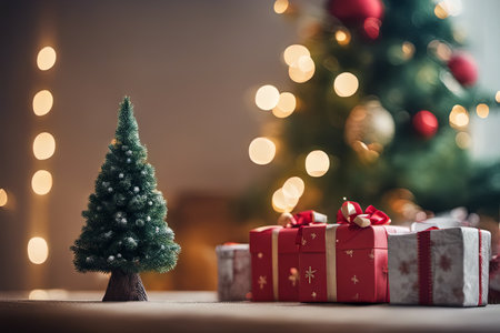 Photo of Mini Christmas Tree With Ornaments on It in Living Room for Christmas Background Banner or Posterの素材