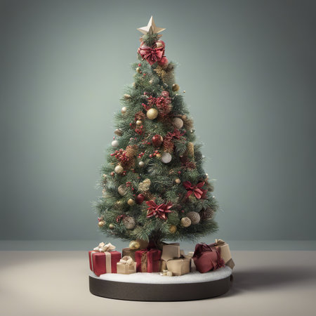Photo of Mini Christmas Tree With Ornaments on It and Presents Underneath for Christmas Background Banner or Posterの素材