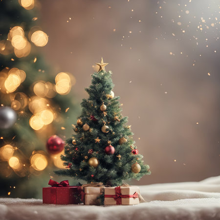 Photo of Mini Christmas Tree With Ornaments on It and Presents Underneath for Christmas Background Banner or Posterの素材