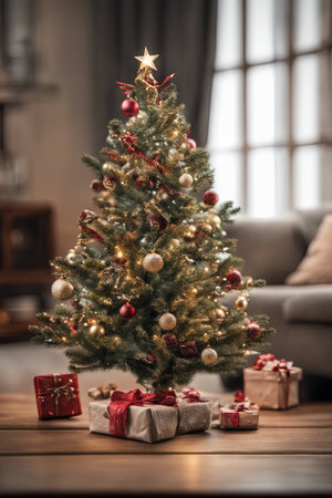Photo of Mini Christmas Tree With Ornaments on It in Living Room for Christmas Background Banner or Posterの素材